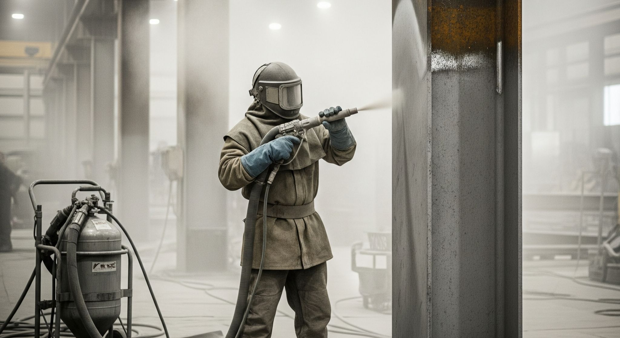 Proses sandblasting baja pada kolom dan tiang pabrik sebelum dilakukan coating epoxy.