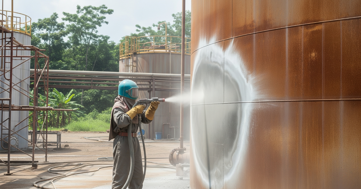 Kontraktor sandblasting sedang melakukan pembersihan karat atau cat lama dari permukaan tangki penyimpanan di sebuah pabrik di Gunung Putri, Jawa Barat.