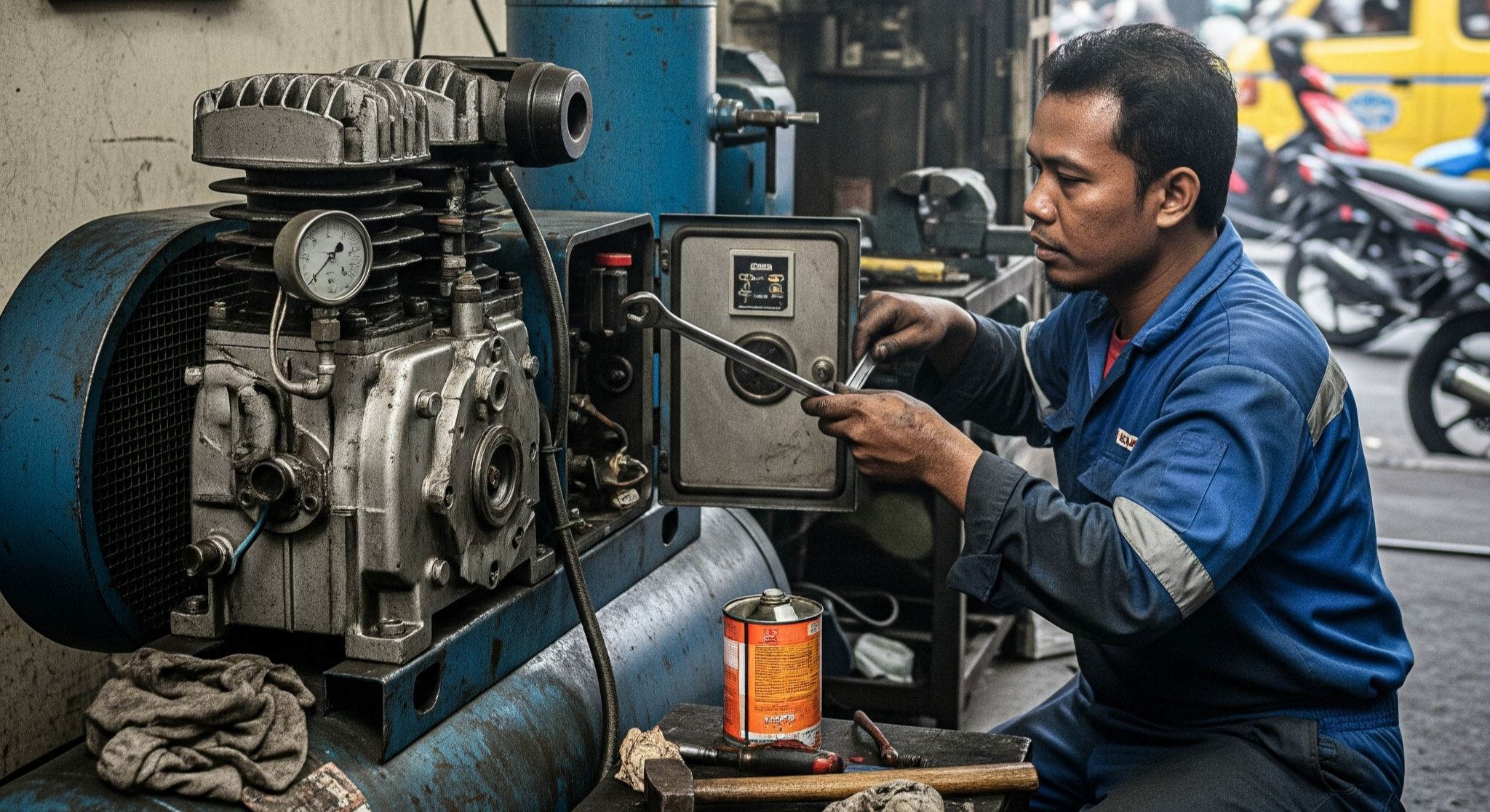 Teknisi sedang melakukan servis kompresor angin di bengkel Jakarta
