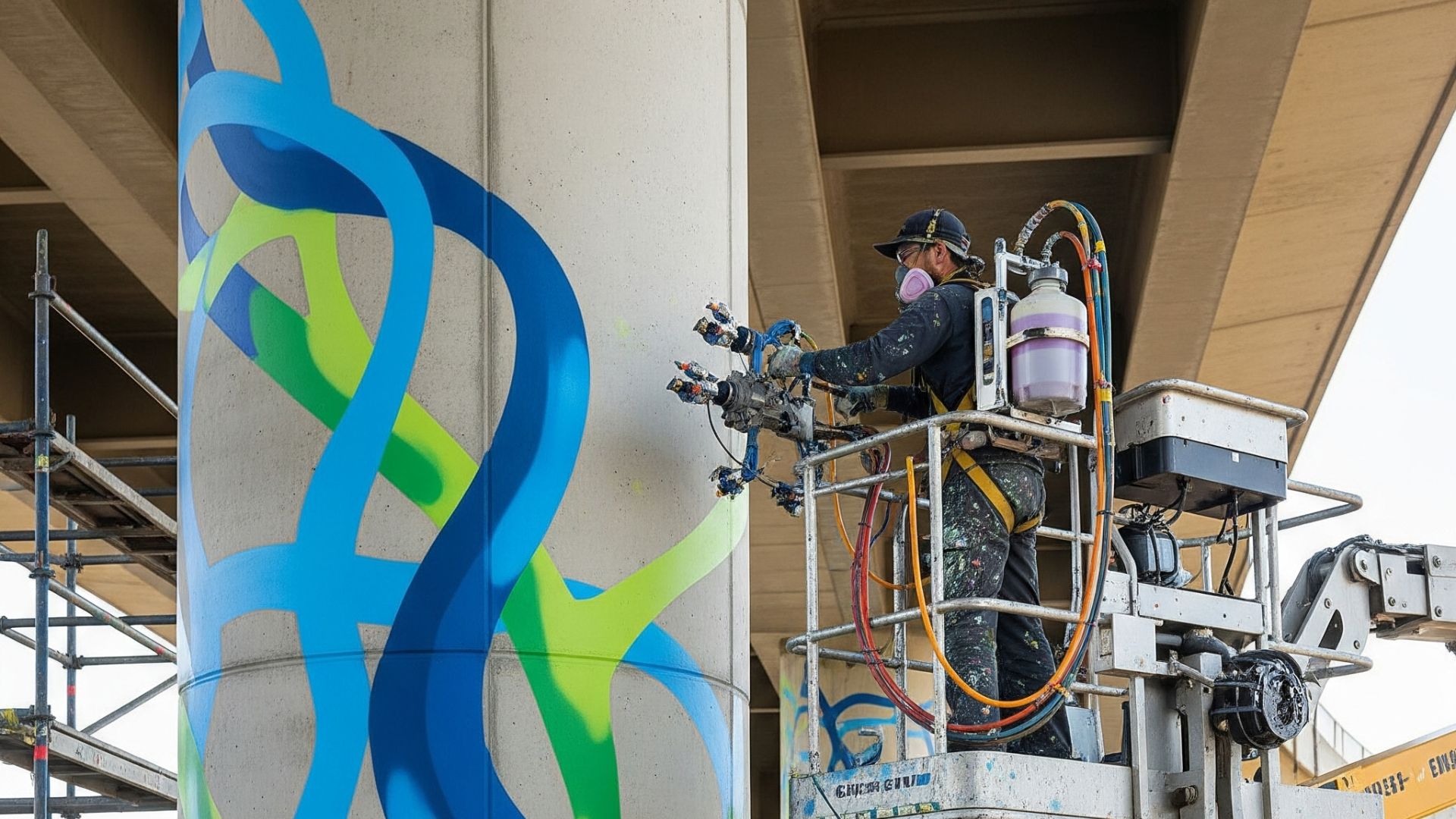 Alt text : "Tenaga ahli sedang melakukan jasa seni mural untuk Flyover yang professional proyek besar dengan peralatan seni menarik