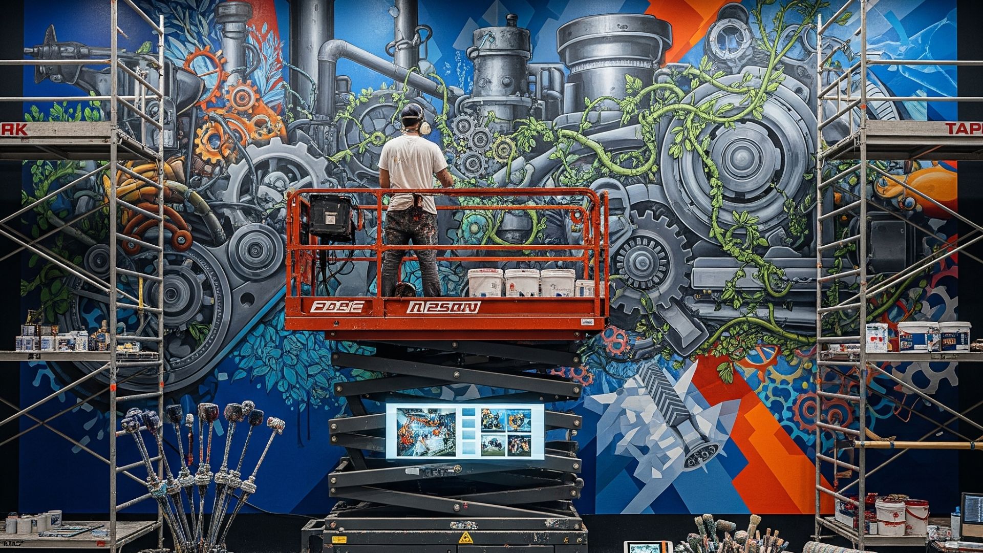 "Tenaga ahli sedang melakukan jasa seni mural pabrik yang professional proyek besar dengan peralatan seni menarik"