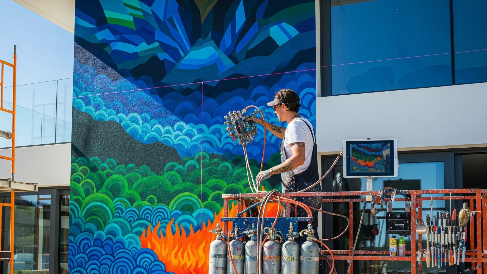 "Tenaga ahli sedang melakukan jasa seni mural Villa yang berestetika proyek besar dengan peralatan seni menarik"