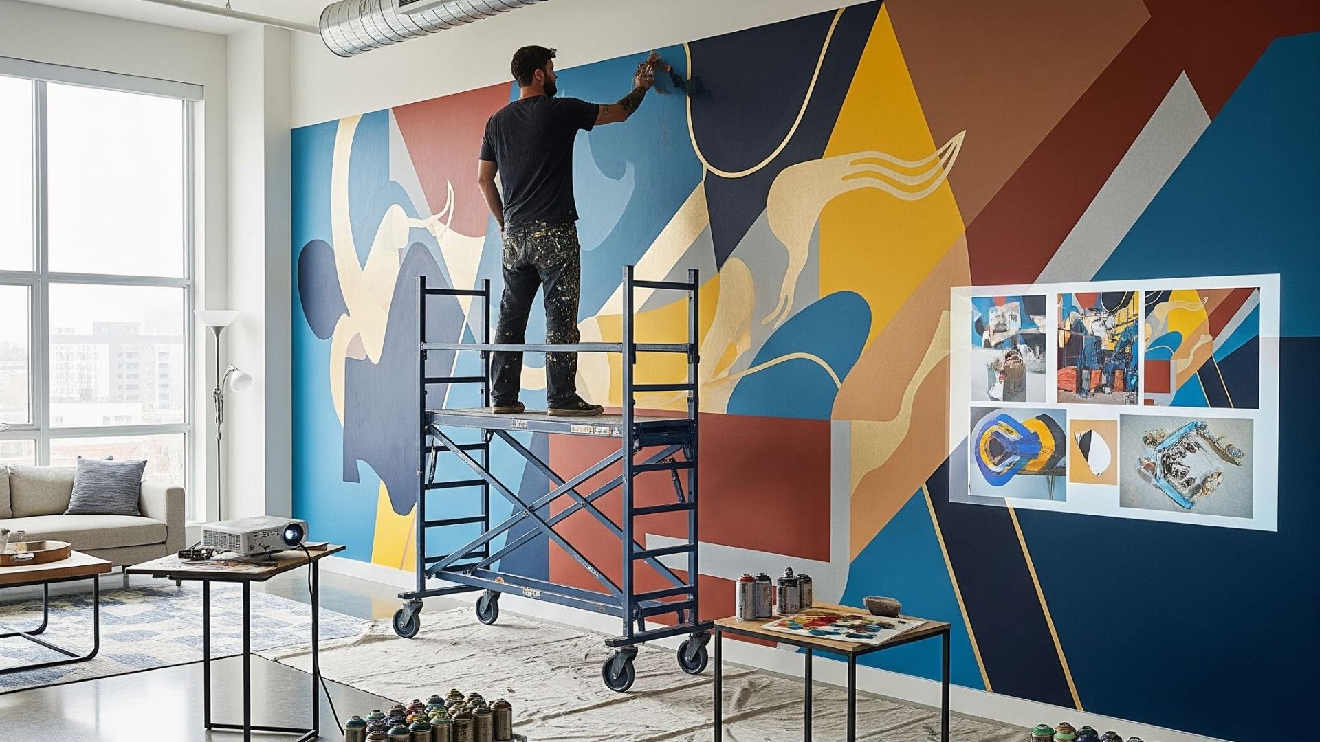 "Tenaga ahli sedang melakukan jasa seni mural Apartemen yang Modern proyek besar dengan peralatan seni menarik"