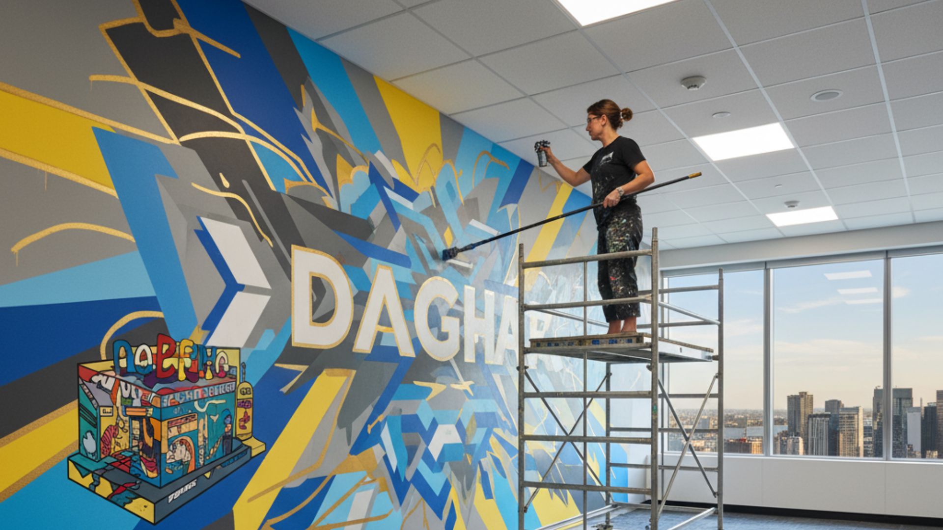 "Tenaga ahli sedang melakukan jasa seni mural Branding yang Modern proyek besar dengan peralatan seni menarik"