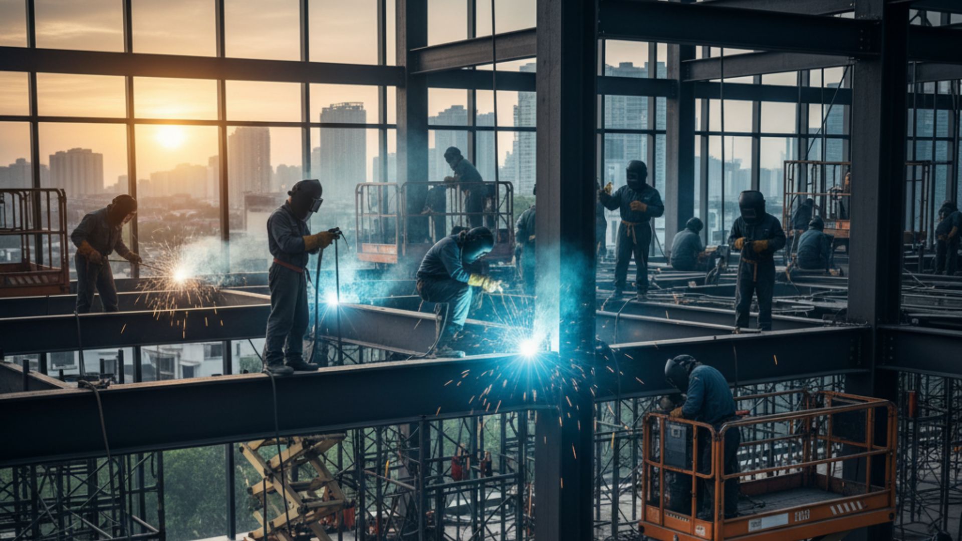 "Tenaga ahli sedang melakukan jasa welding rangka baja ruko bertingkat dengan Modern proyek besar dengan peralatan seni menarik"