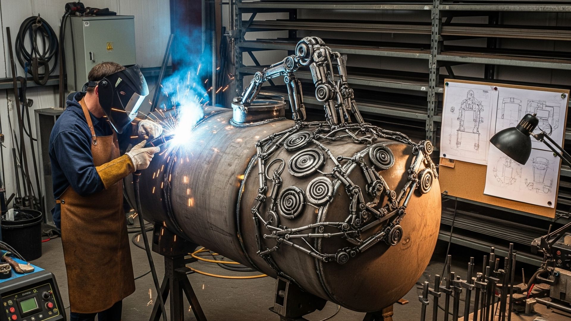 "Tenaga ahli sedang melakukan jasa welding tangki minyak proyek yang kokoh proyek besar dengan peralatan seni menarik"