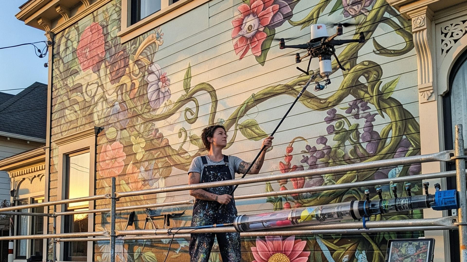 "Tenaga ahli sedang melakukan jasa seni mural rumah proyek besar dengan peralatan seni menarik"