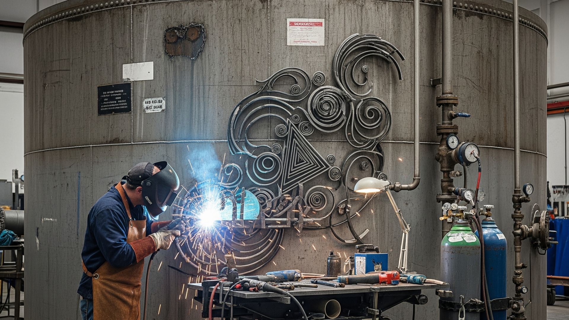 "Tenaga ahli sedang melakukan jasa welding tangki Kimia industri yang kokoh proyek besar dengan peralatan seni menarik"