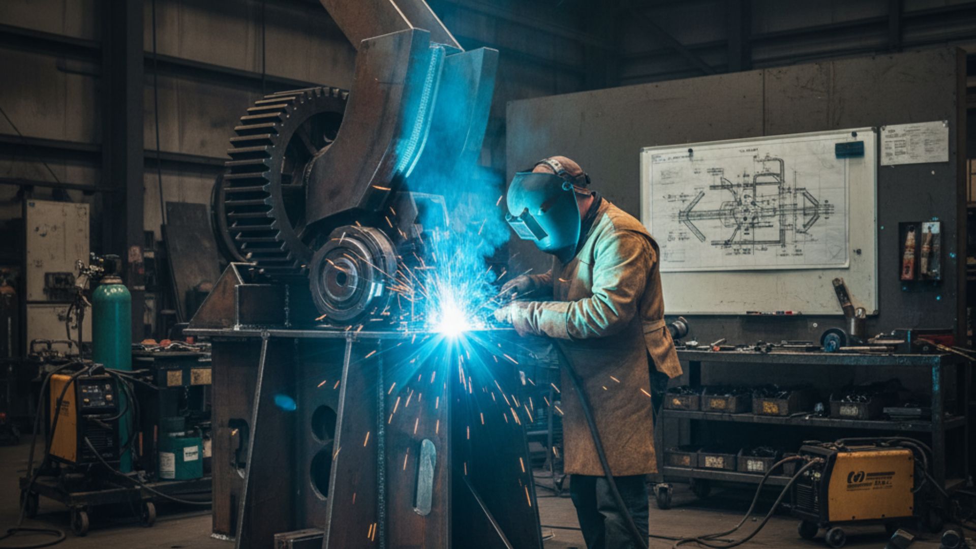 "Tenaga ahli sedang melakukan jasa welding dudukan alat berat yang kokoh proyek besar dengan peralatan seni menarik"