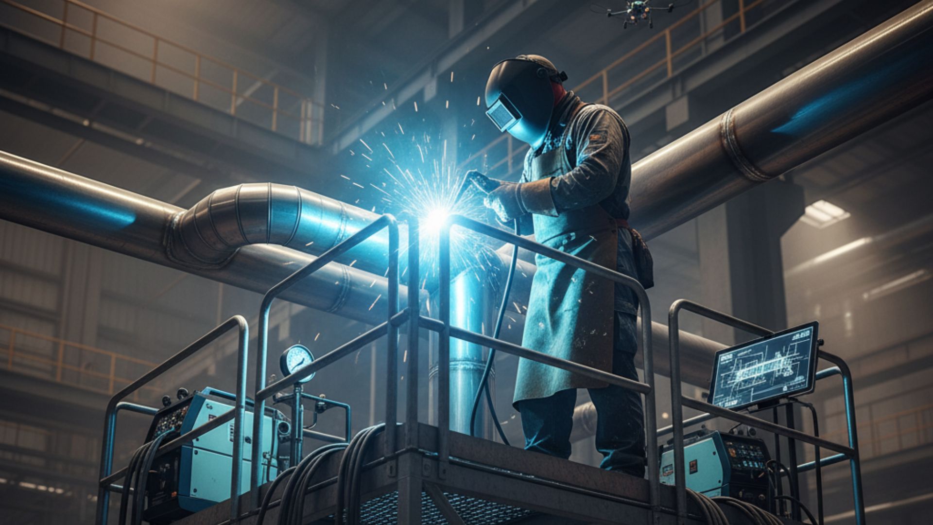 "Tenaga ahli sedang melakukan jasa welding Pipa distribusi industri yang kokoh proyek besar dengan peralatan seni menarik"