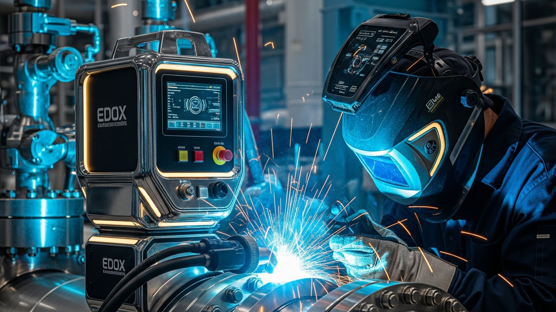 "Tenaga ahli sedang melakukan jasa welding Pipa gas tekanan tinggi yang kokoh proyek besar dengan peralatan seni menarik"