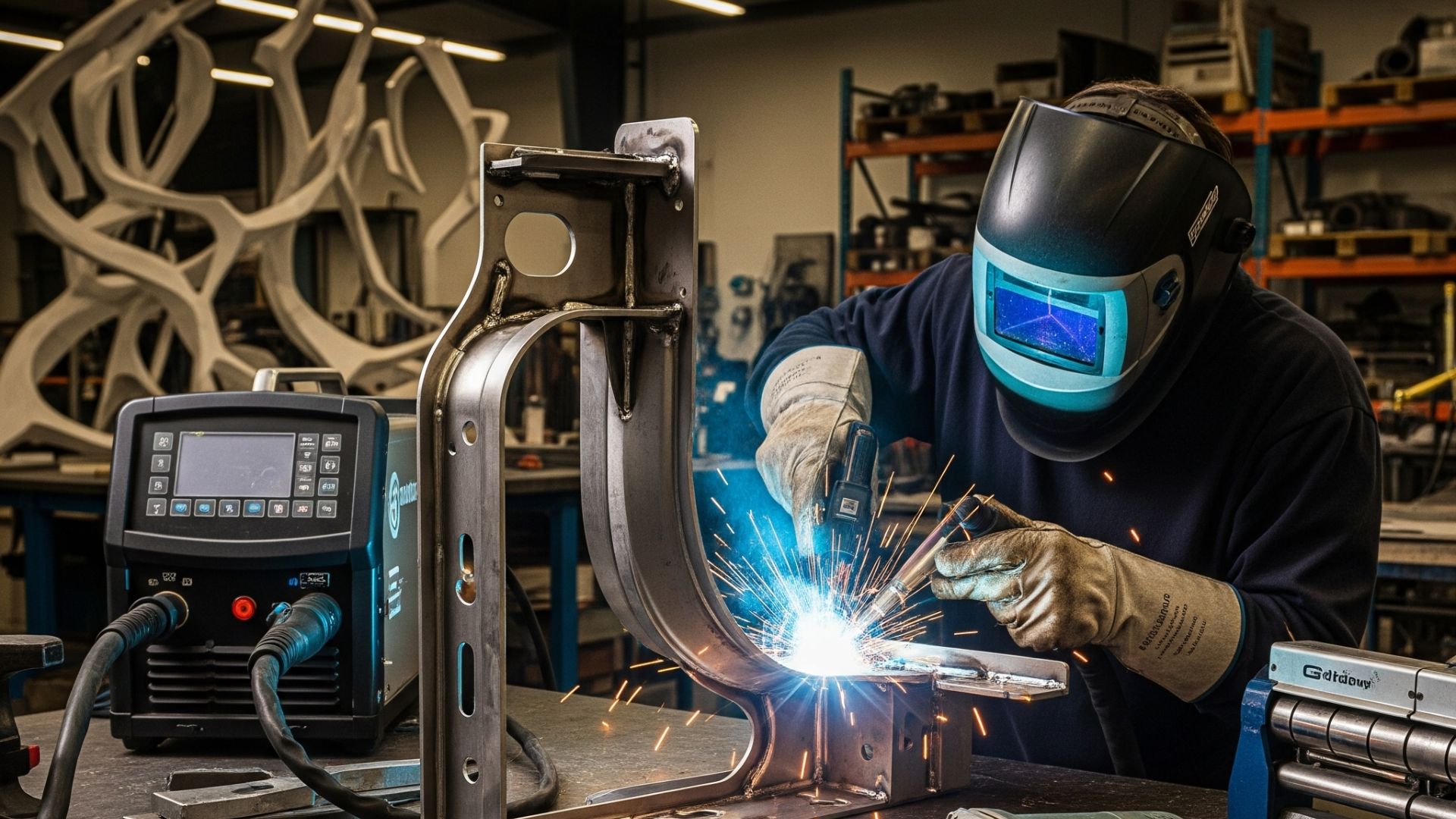 "Tenaga ahli sedang melakukan jasa welding Braket Peralatan listrik yang Modern proyek besar dengan peralatan seni menarik"