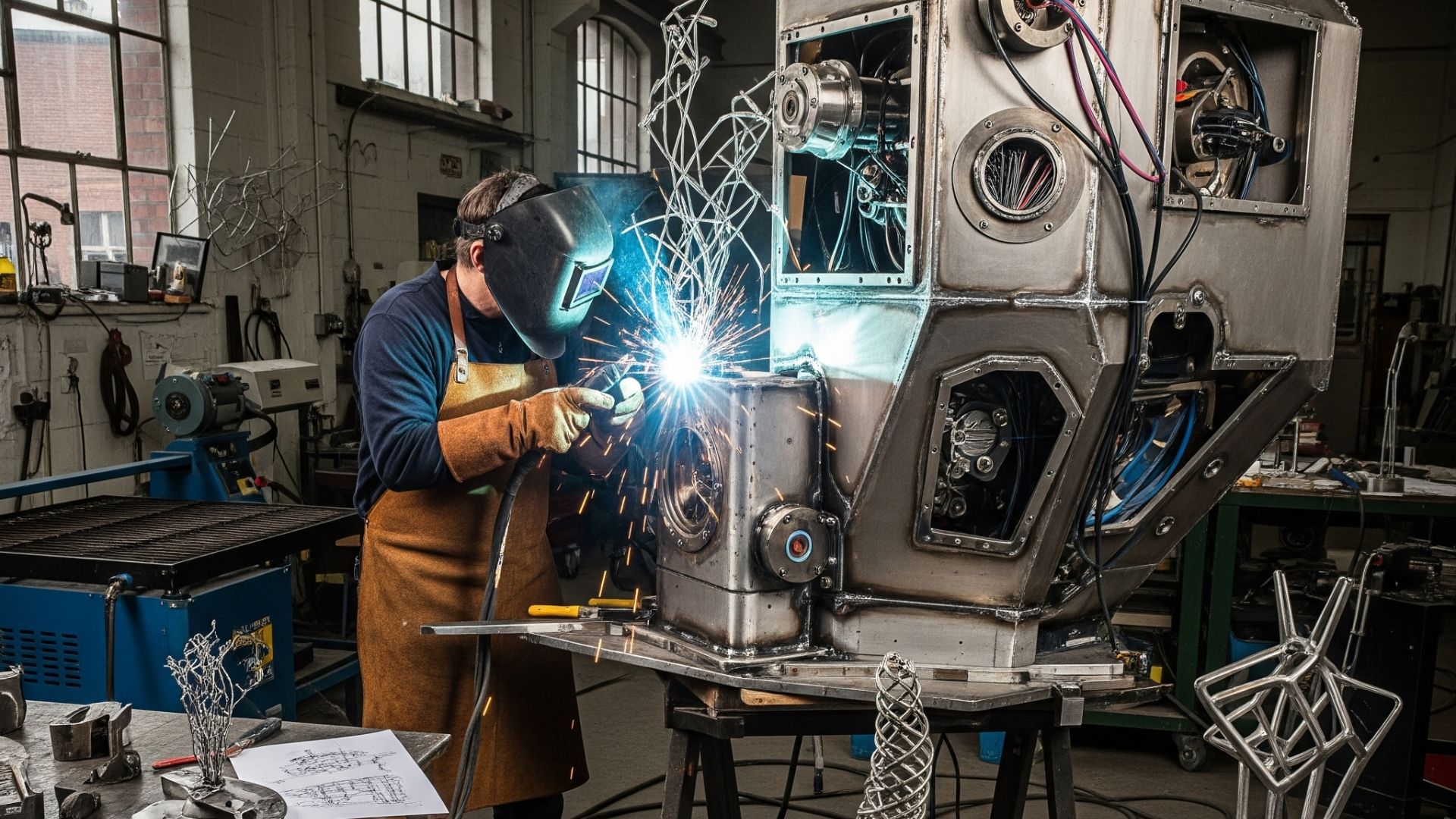 "Tenaga ahli sedang melakukan jasa welding struktur housing peralatan yang Modern proyek besar dengan peralatan seni menarik"