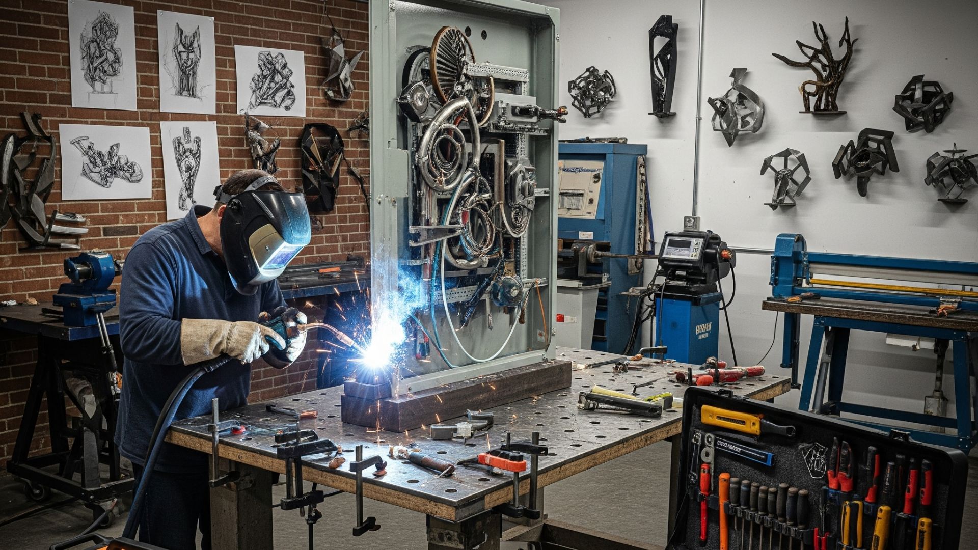 "Tenaga ahli sedang melakukan jasa welding Rangka Panel Listrik yang Modern proyek besar dengan peralatan seni menarik"