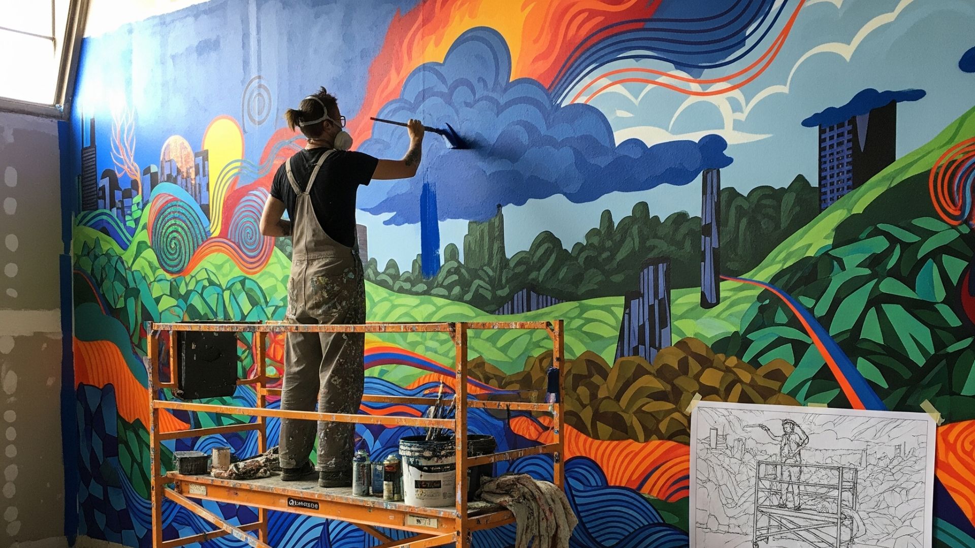 "Tenaga ahli sedang melakukan jasa seni mural tembok proyek besar dengan berbagai macam peralatan seni"