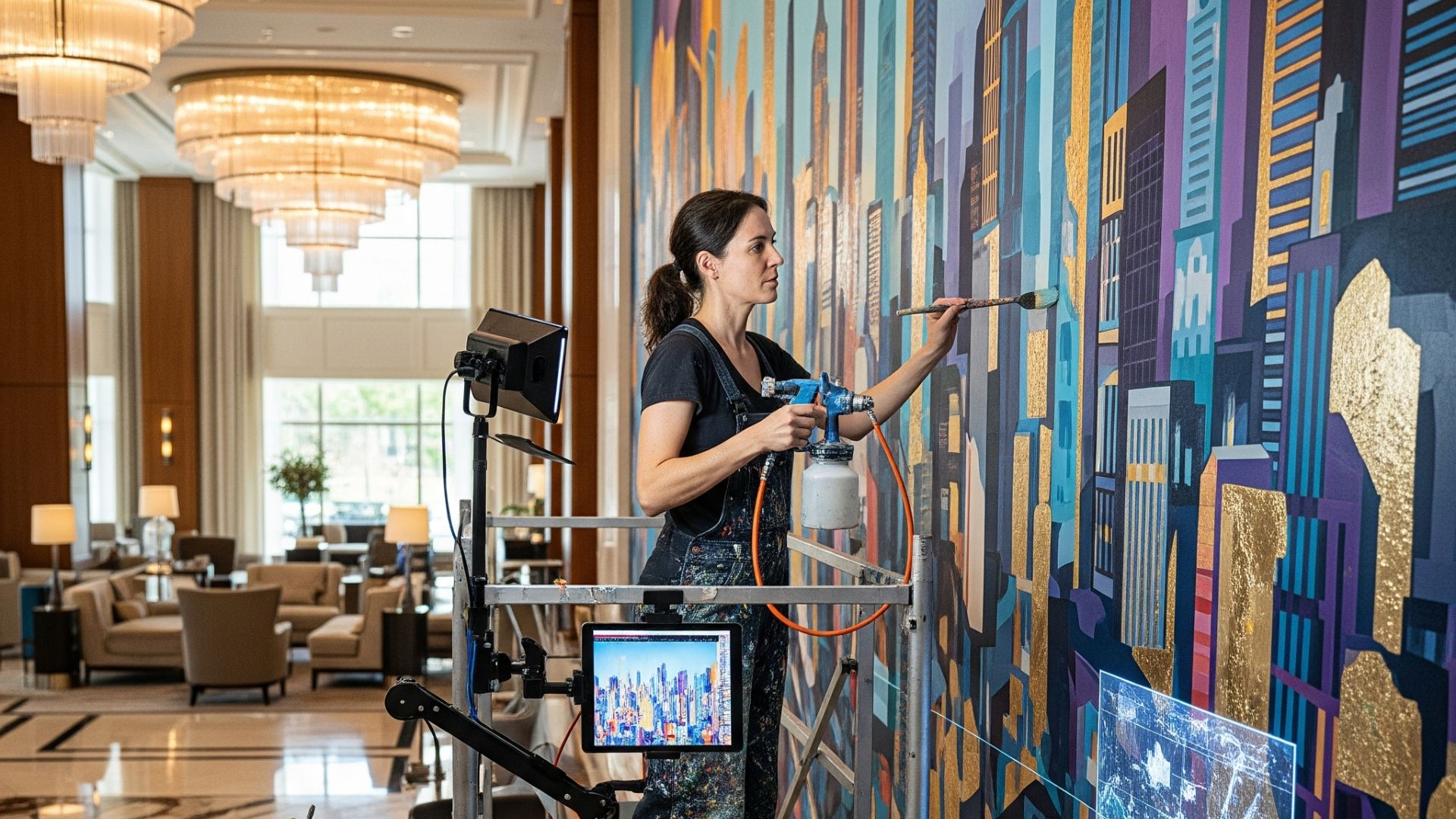 "Tenaga ahli sedang melakukan jasa seni mural hotel proyek besar dengan peralatan seni menarik"