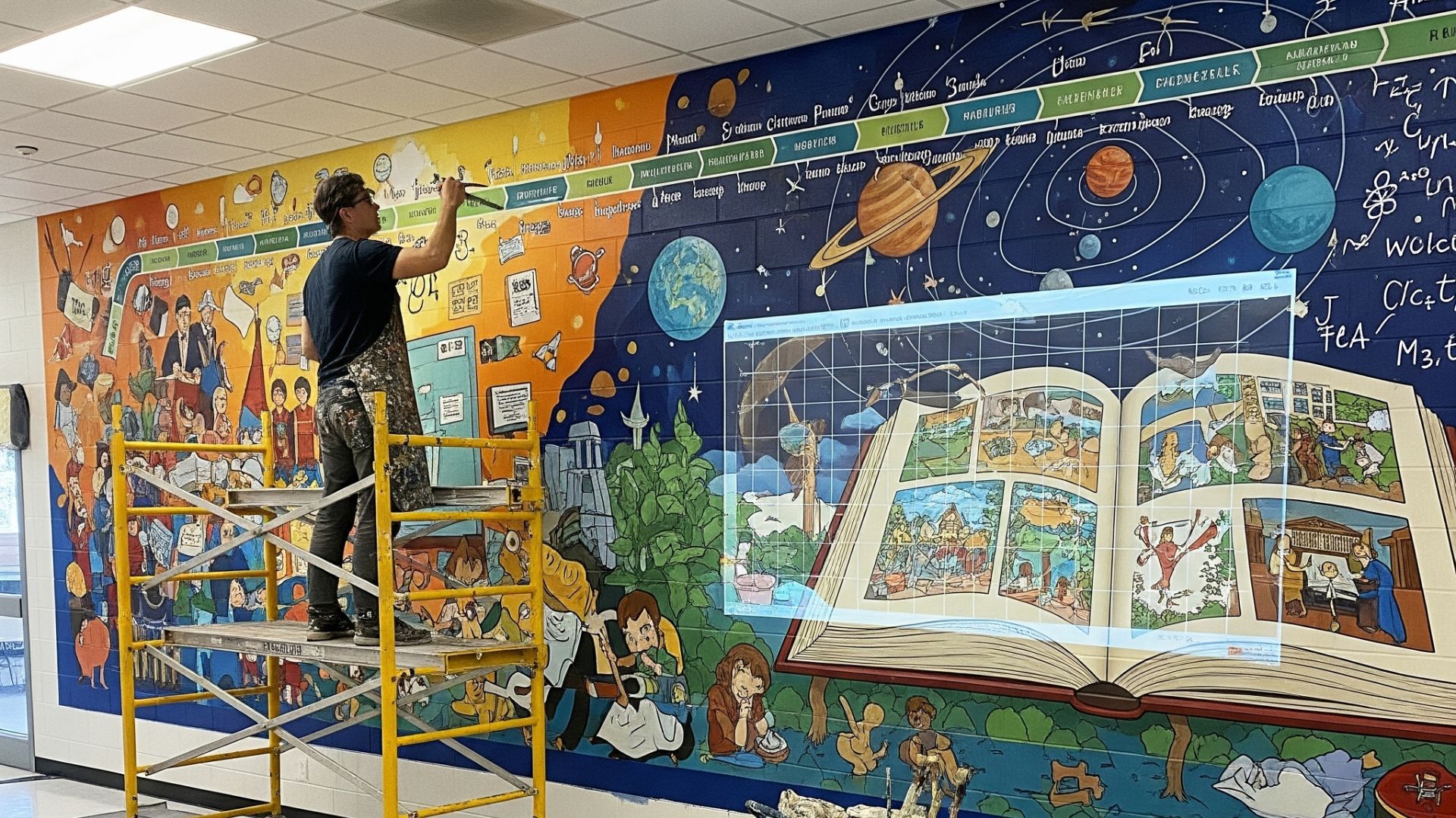 "Tenaga ahli sedang melakukan jasa seni mural sekolah yang edukatif proyek besar dengan peralatan seni menarik"