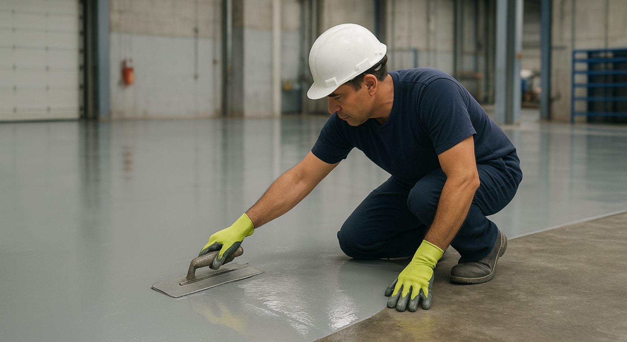 Pekerja ahli mengaplikasikan epoxy lantai di Bandung Selatan untuk gedung industri.