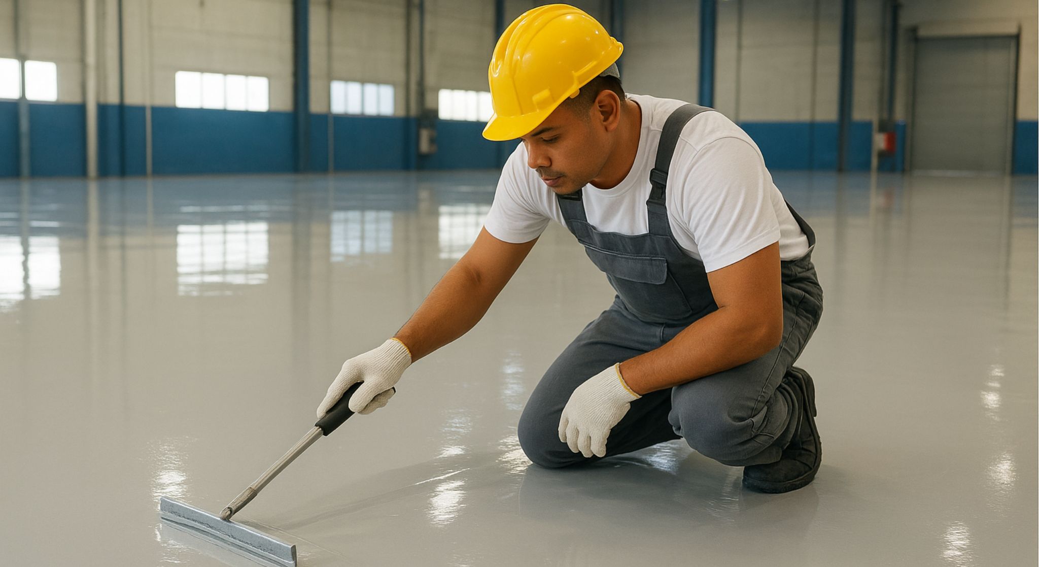 Jasa Aplikator Epoxy Lantai Batam profesional sedang mengaplikasikan cat epoxy di area pabrik.