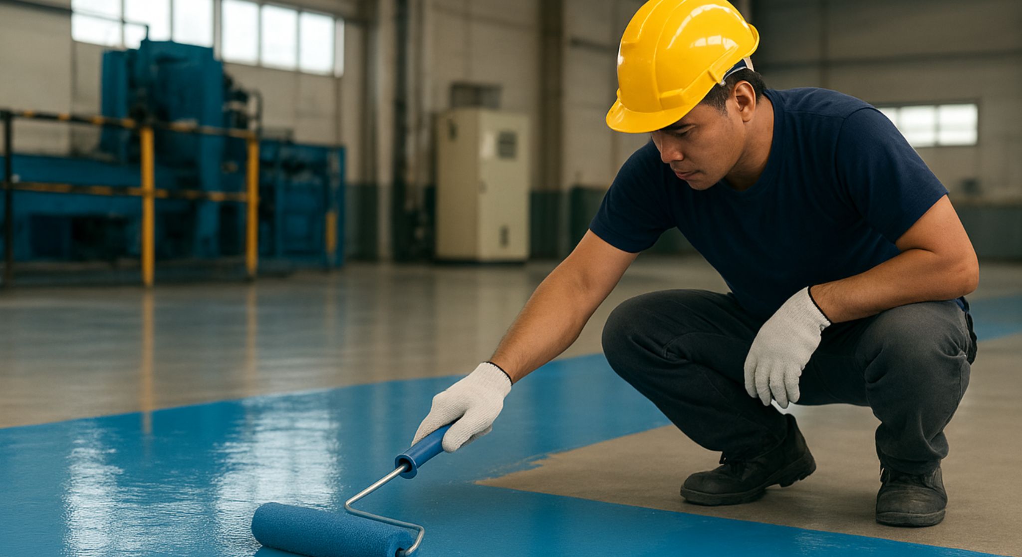 Jasa Aplikator Epoxy Lantai Depok profesional sedang mengaplikasikan cat epoxy pada lantai pabrik