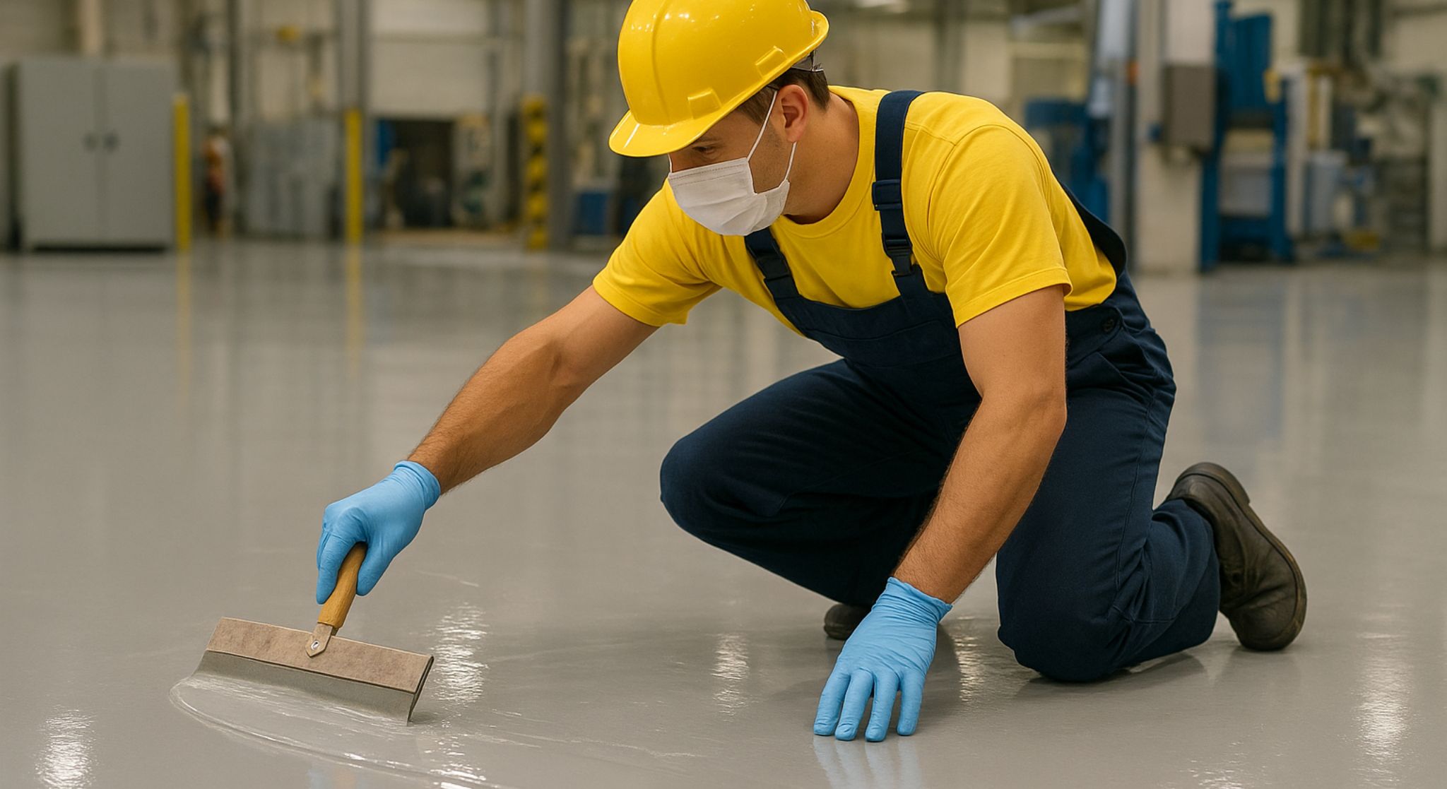 Jasa Aplikator Epoxy Lantai Surabaya profesional sedang mengaplikasikan cat epoxy pada lantai pabrik.