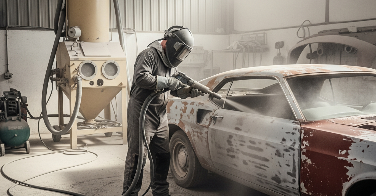 Seorang teknisi dengan pakaian pelindung lengkap sedang melakukan proses sandblasting pada bodi mobil klasik yang berkarat di dalam sebuah bengkel. Sebagian cat dan karat pada mobil sudah hilang, dan terlihat mesin sandblasting di latar belakang.