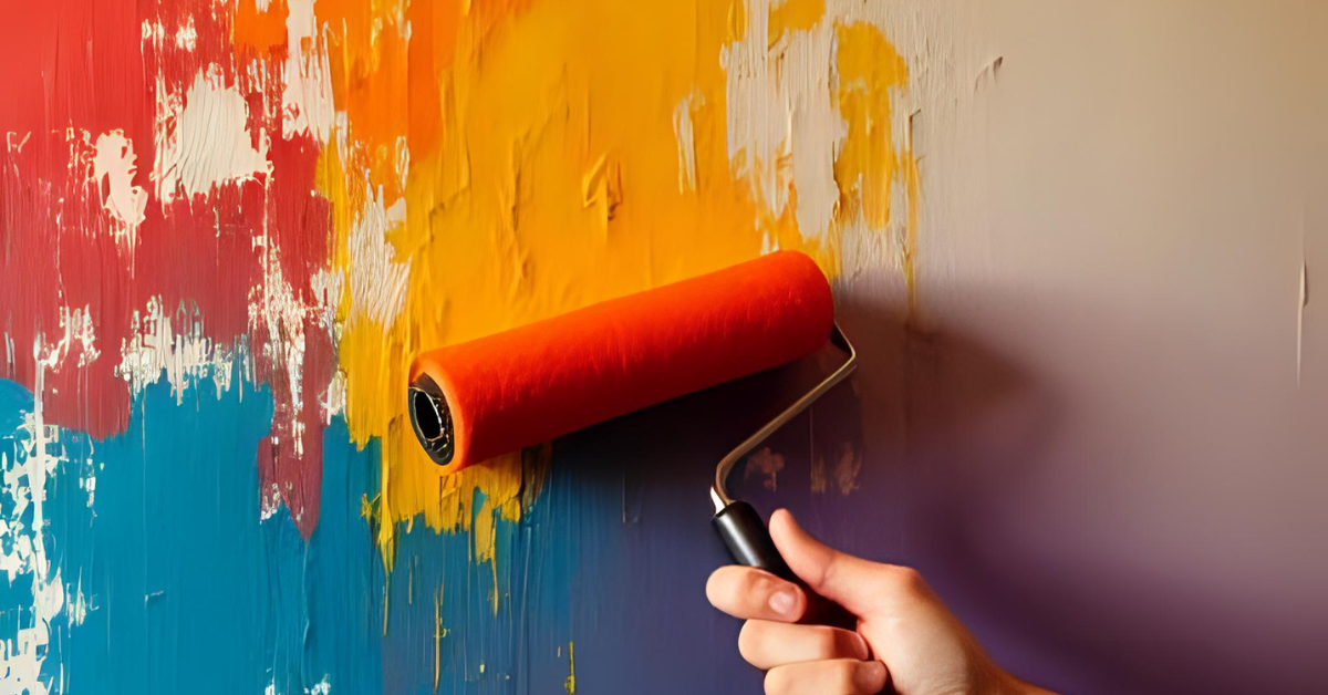 Tangan memegang roller cat oranye sedang mengecat dinding dengan kombinasi warna cerah seperti merah, kuning, biru, dan putih dalam lapisan tebal dan tekstur beragam.