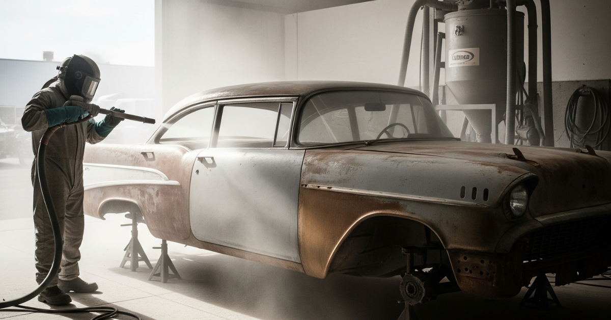 Seorang pekerja dengan alat pelindung diri lengkap sedang melakukan sandblasting pada mobil klasik di sebuah bengkel. Debu dan partikel beterbangan di udara saat cat lama dan karat dihilangkan dari bodi mobil.