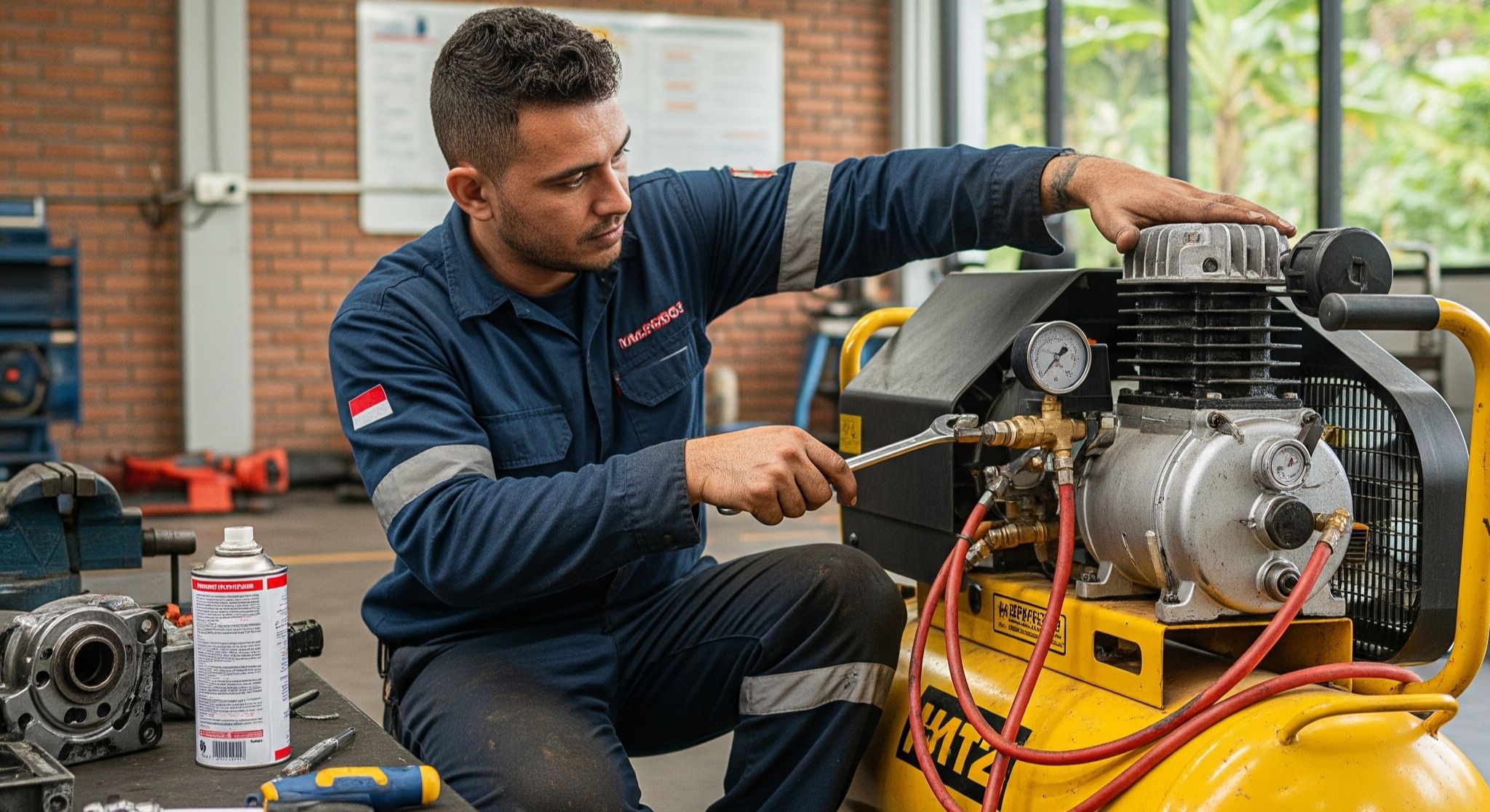 Teknisi melakukan servis kompresor angin portable di bengkel Bogor menggunakan peralatan standar industri