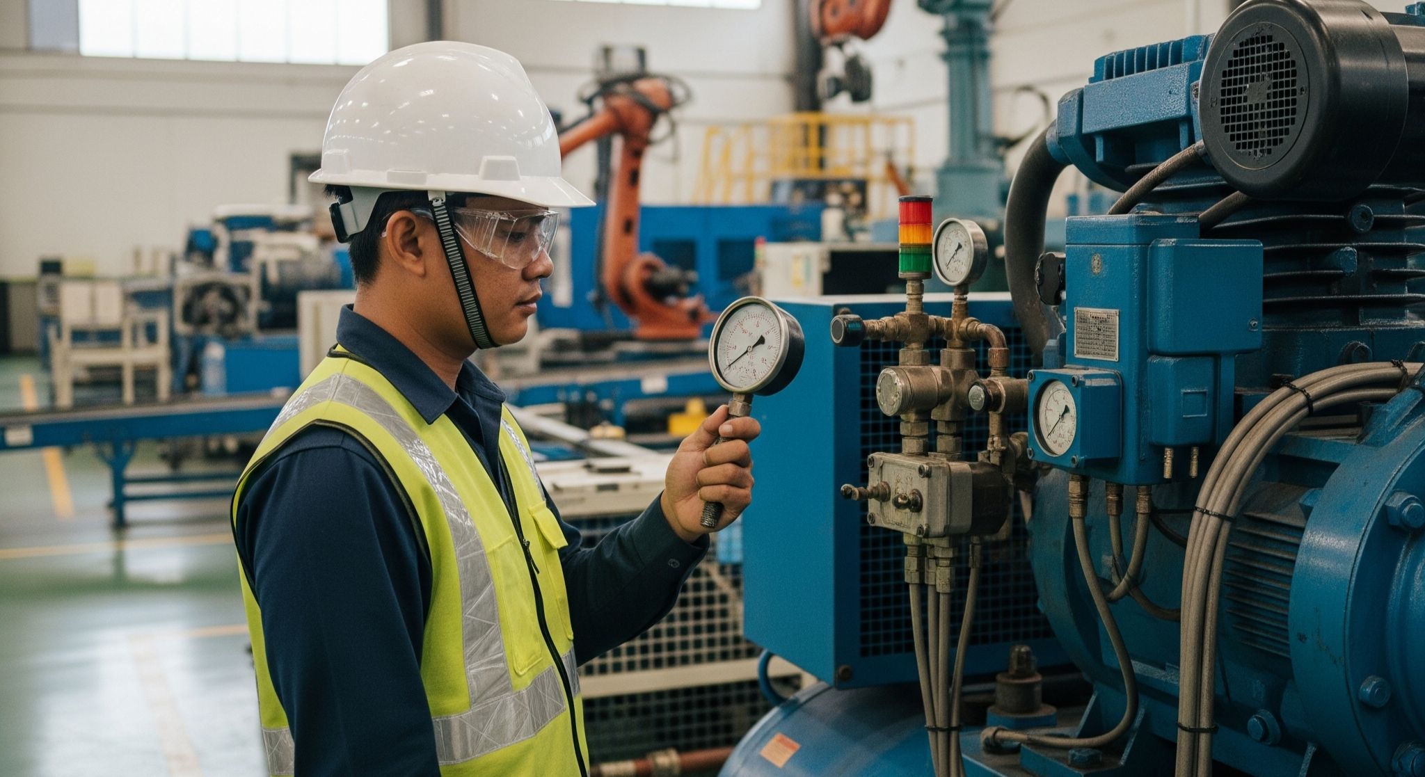 Pengecekan tekanan udara kompresor industri oleh teknisi spesialis di Karawang