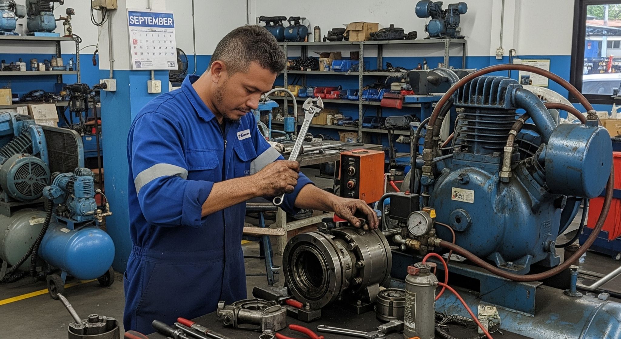 Teknisi sedang memperbaiki kompresor angin di bengkel Surabaya dengan peralatan lengkap