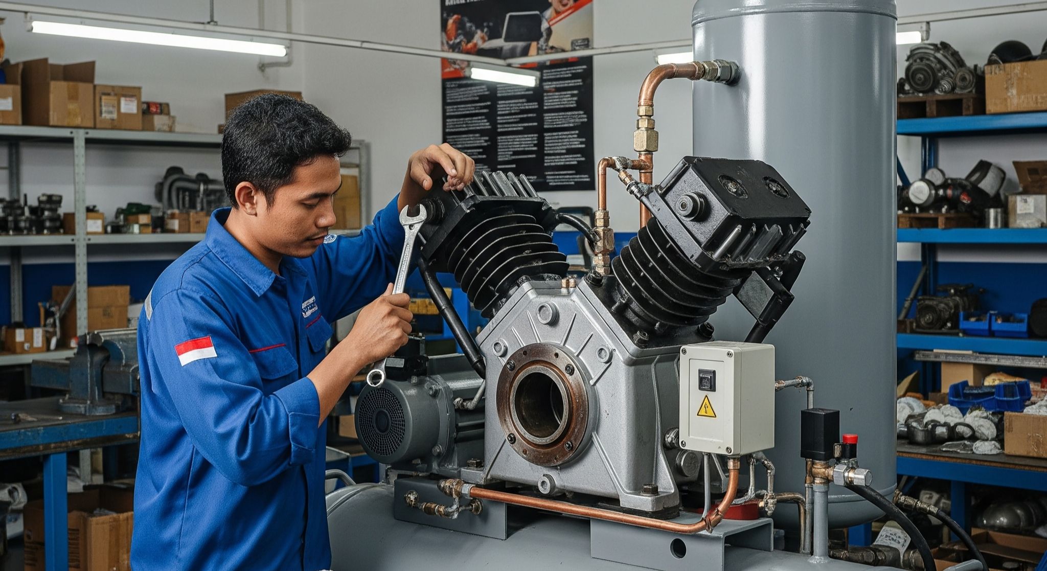 Teknisi melakukan servis kompresor angin piston di bengkel Tangerang