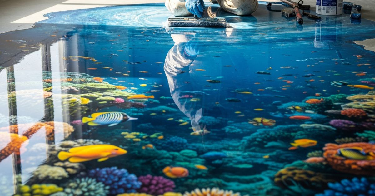 Seorang aplikator profesional dari PT. Eltama Prima Indo dengan APD lengkap sedang menyempurnakan detail lantai 3D bertema bawah laut yang menakjubkan menggunakan Cat epoxy lantai Foxapaint untuk hasil akhir yang jernih dan tahan lama.