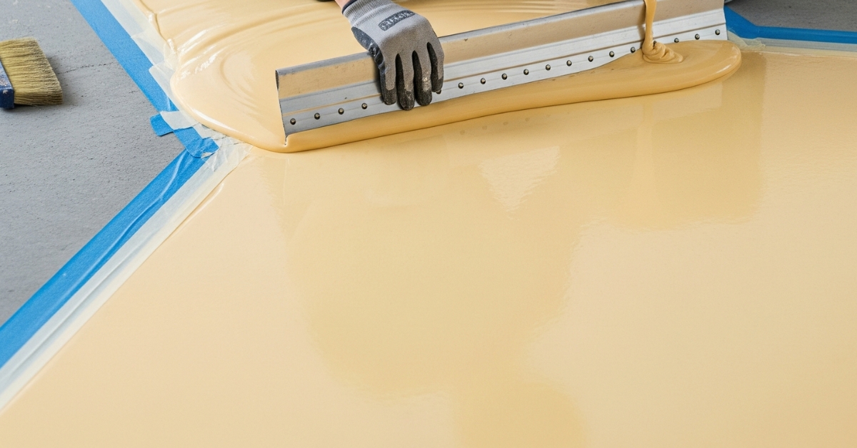 Seorang aplikator profesional dari PT Eltama Prima Indo sedang menuangkan dan meratakan Cat epoxy lantai Foxapaint berwarna kuning kulit di area proyek