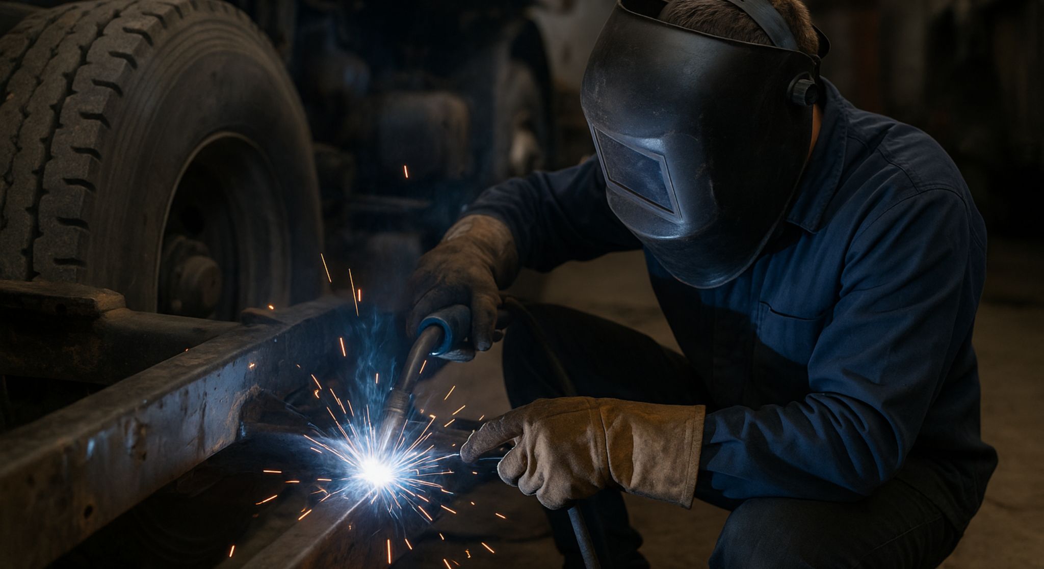 Teknisi melakukan jasa pengelasan truk menggunakan teknik MIG untuk memperkuat sasis truk