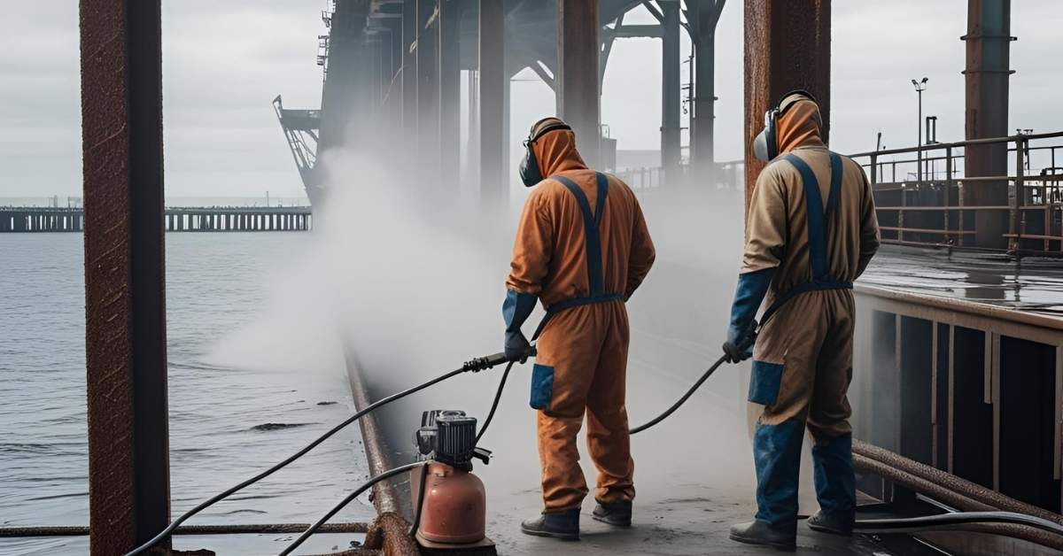 sandblaster eltama prima indo di dermaga batam sedang mengerjakan sandblasting