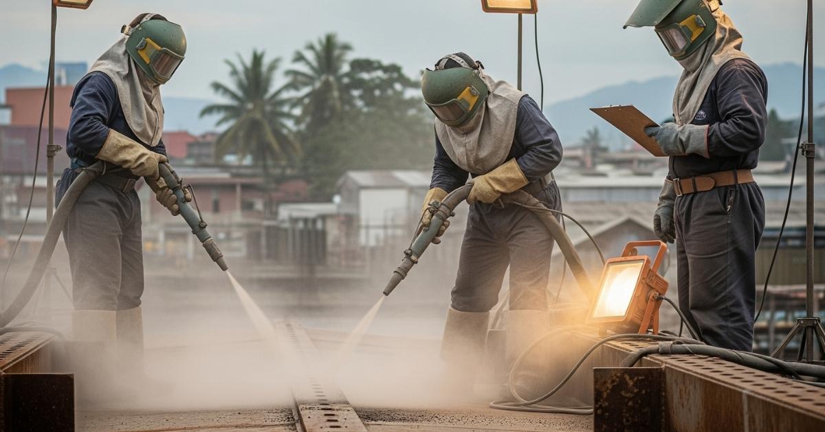 Pekerja profesional melakukan proses sandblasting pada permukaan baja di Padang untuk membersihkan karat sebelum pengecatan industri.