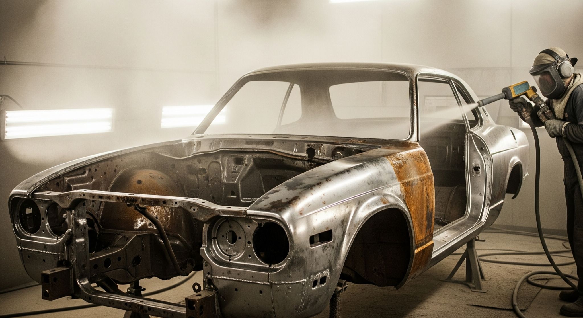 Proses sandblasting sasis mobil hardtop berkarat