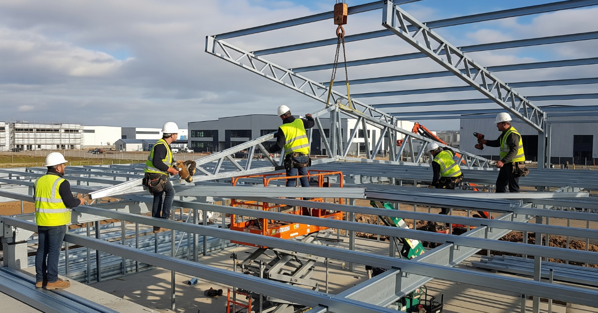 Sebuah tim aplikator baja ringan sedang memasang struktur kuda-kuda untuk di Industri area Cilengsi, Bogor.