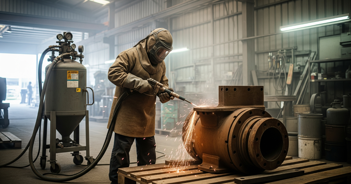 Teknisi mengoperasikan mesin sandblast di area industri di KIM Medan