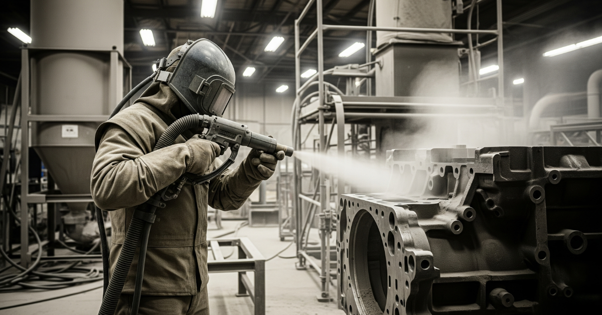 Teknisi melakukan sandblasting di kawasan pabrik manufaktur di kawasam Suryacipta