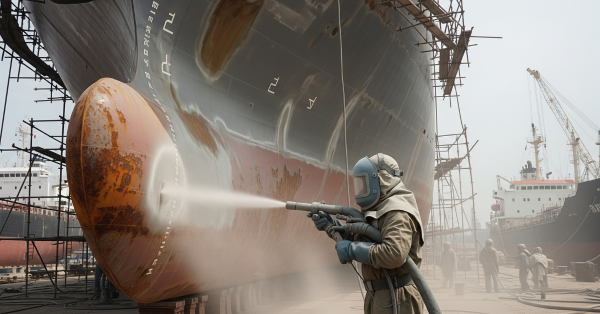 Proses sandblasting kapal di Tanjung Priok untuk membersihkan karat dan mempersiapkan permukaan sebelum coating