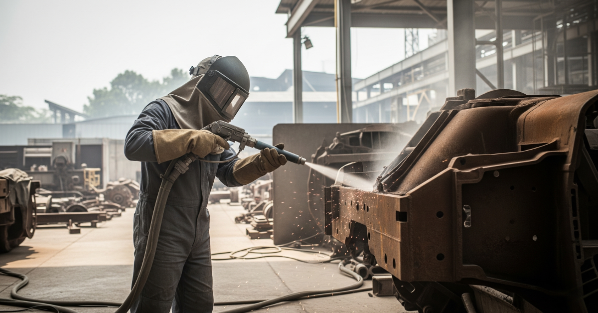 Pekerja profesional melakukan sandblasting pada rangka baja di kawasan industri Pulogadung, Jakarta Timur, untuk menghilangkan karat dan kotoran sebelum proses coating