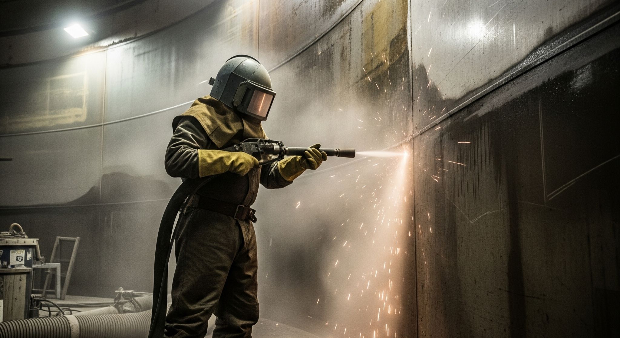 Teknisi spesialis pembersihan tangki industri migas dengan metode blasting