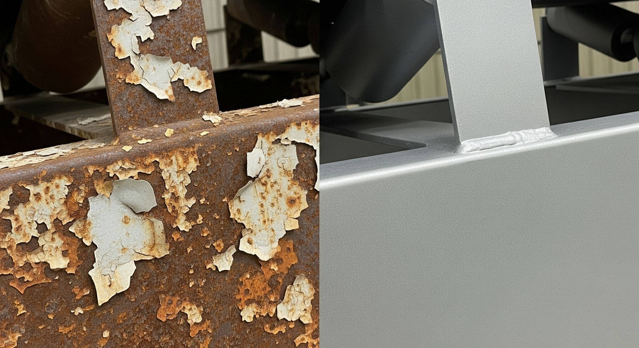 Perbandingan conveyor sebelum dan sesudah jasa sandblasting untuk membersihkan karat dan cat lama