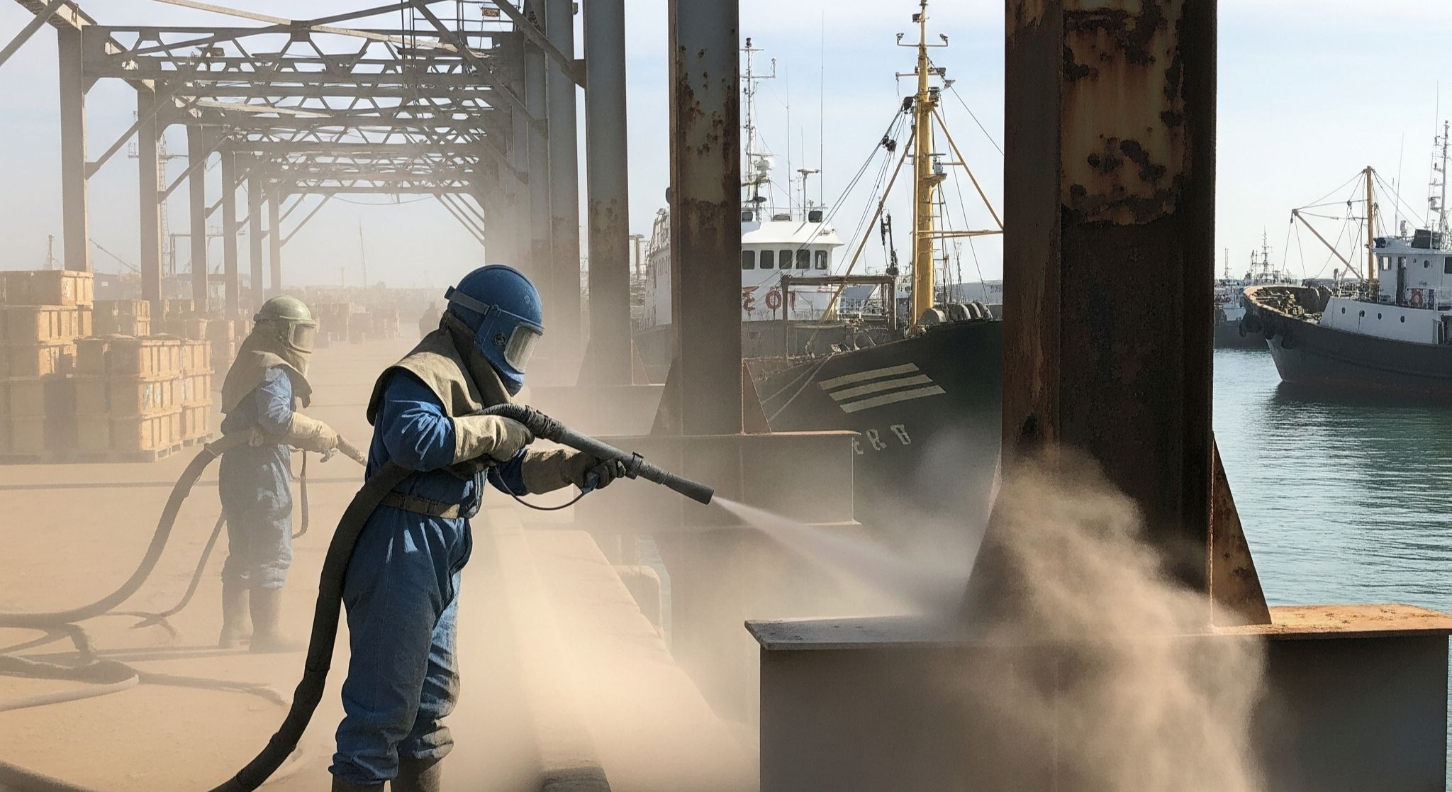 Proses jasa sandblasting dermaga untuk membersihkan karat dan cat lama pada struktur baja pelabuhan.