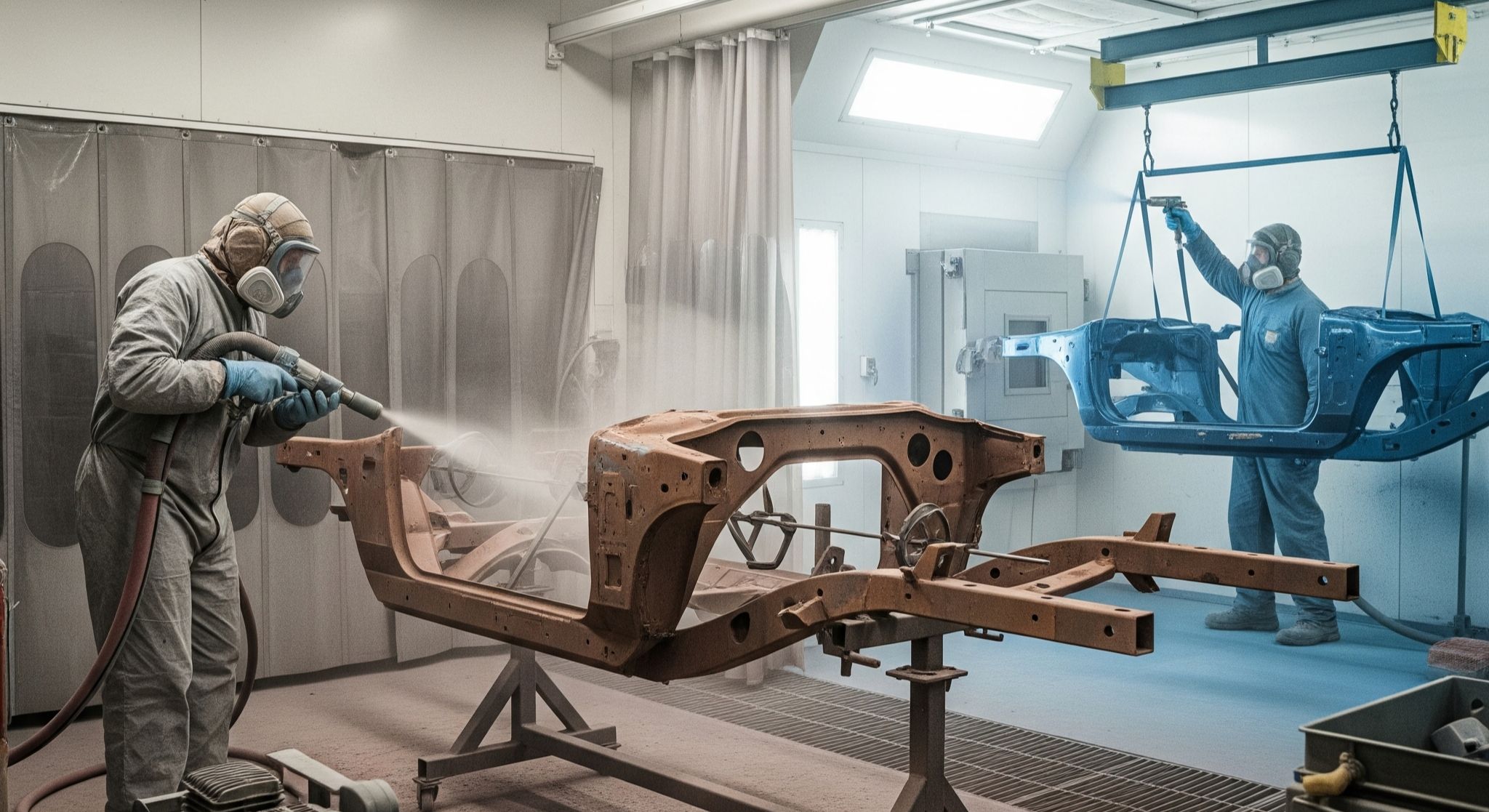 Alt text 2: Teknisi melakukan jasa sandblasting dan powder coating pada rangka mobil