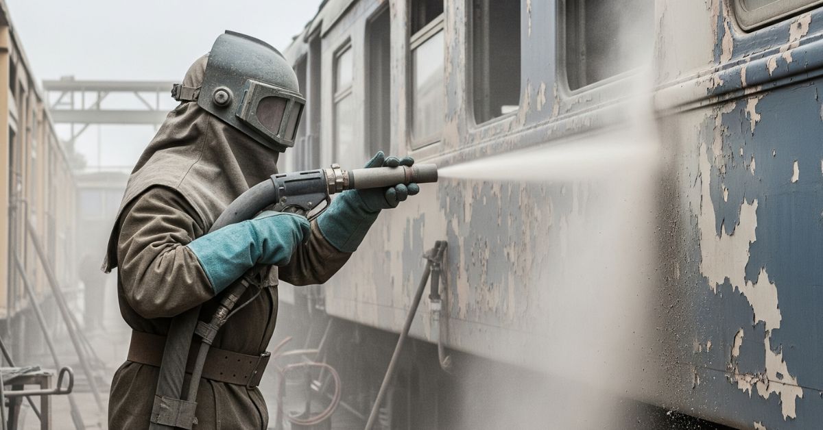 Proses jasa sandblasting gerbong kereta untuk pembersihan cat lama