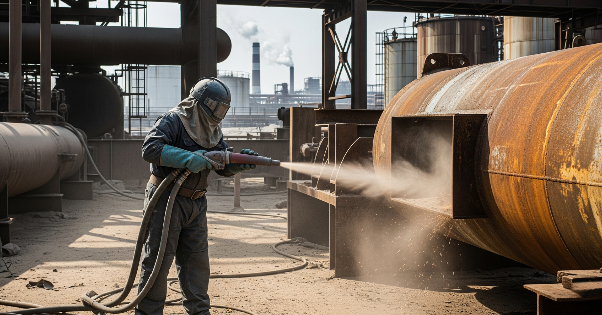 Teknisi bersertifikat melakukan sandblasting di kawasan industri berat