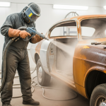 Teknisi sandblasting mobil membersihkan bodi dari karat dan kotoran